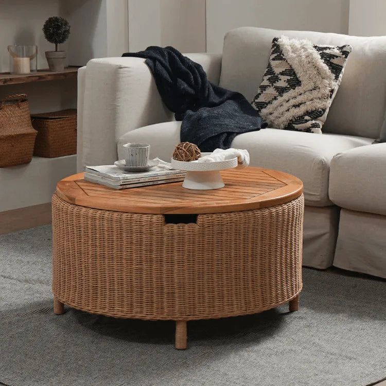 Wabi-Sabi Rattan Coffee Table with Solid Wood Trim and Hidden Storage Main Product Image