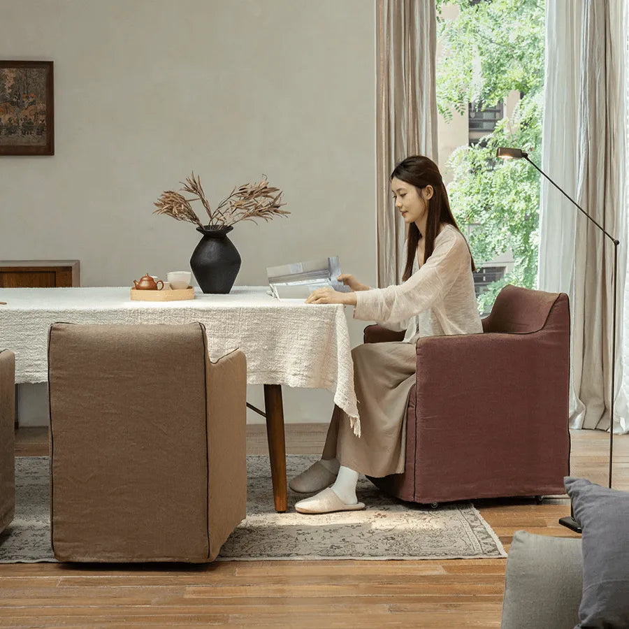 Wabi-Sabi Slipcovered Dining Chair with Casters & Linen Texture