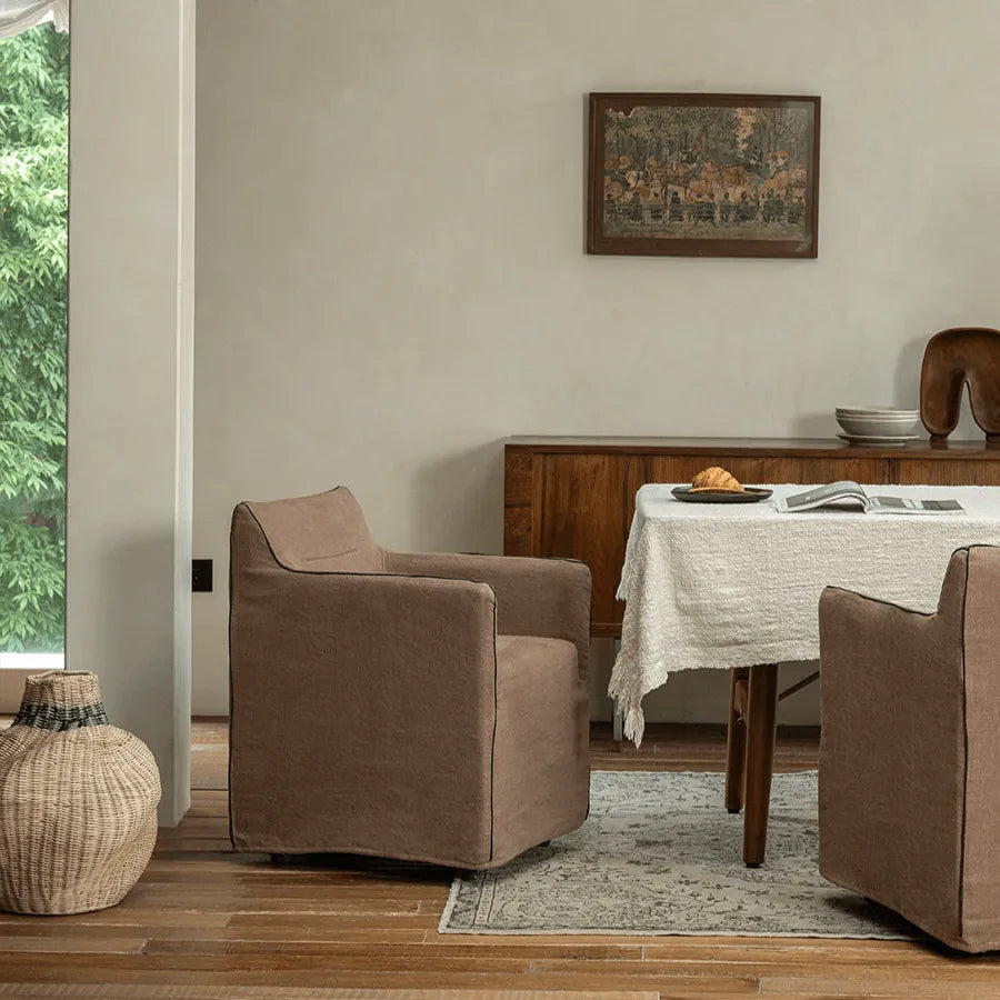 Wabi-Sabi Slipcovered Dining Chair with Casters & Linen Texture