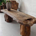 Wabi-Sabi Solid Wood Entry Bench with Organic Silhouette and Raw Stump Bases