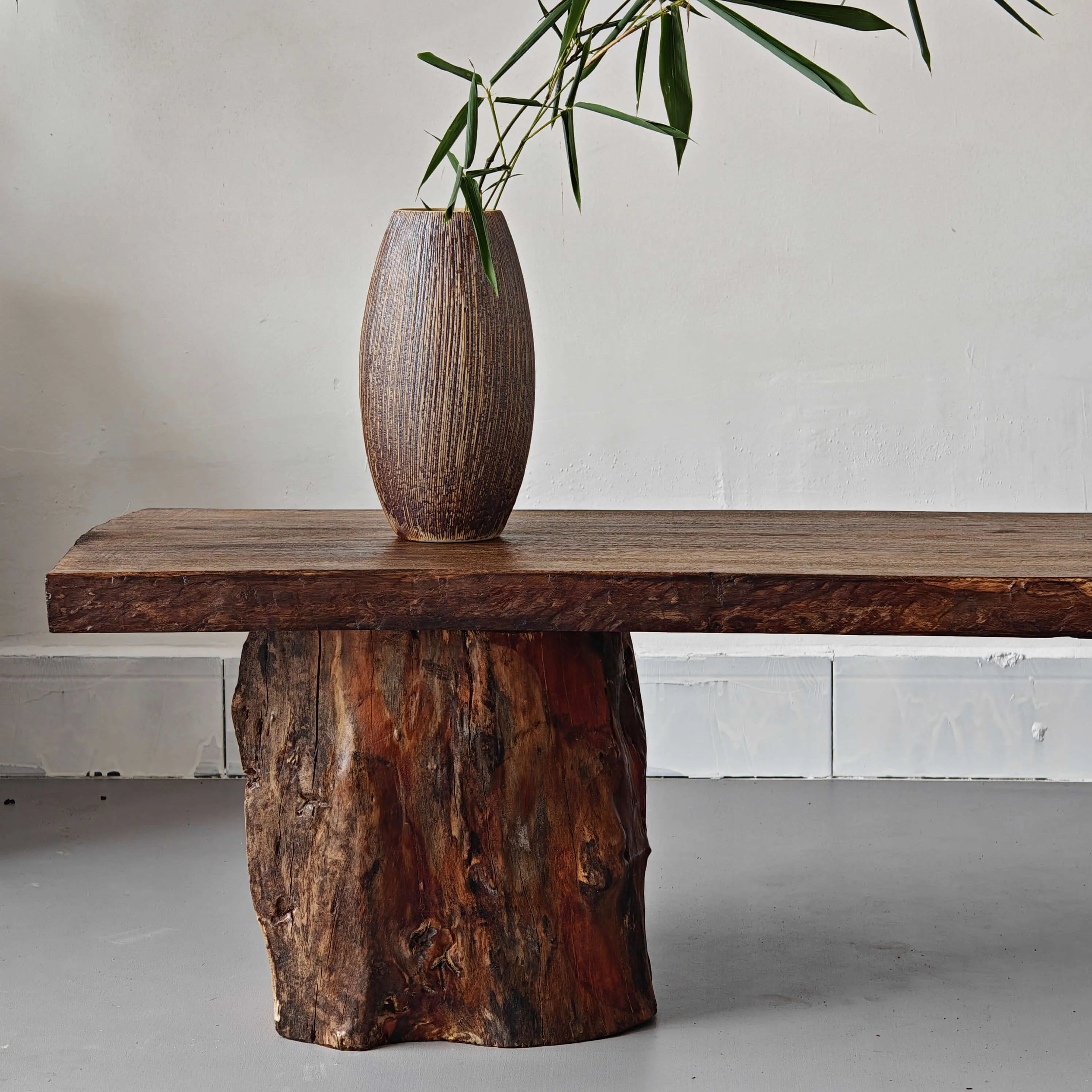 Wabi-Sabi Solid Wood Entry Bench with Organic Silhouette and Raw Stump Bases