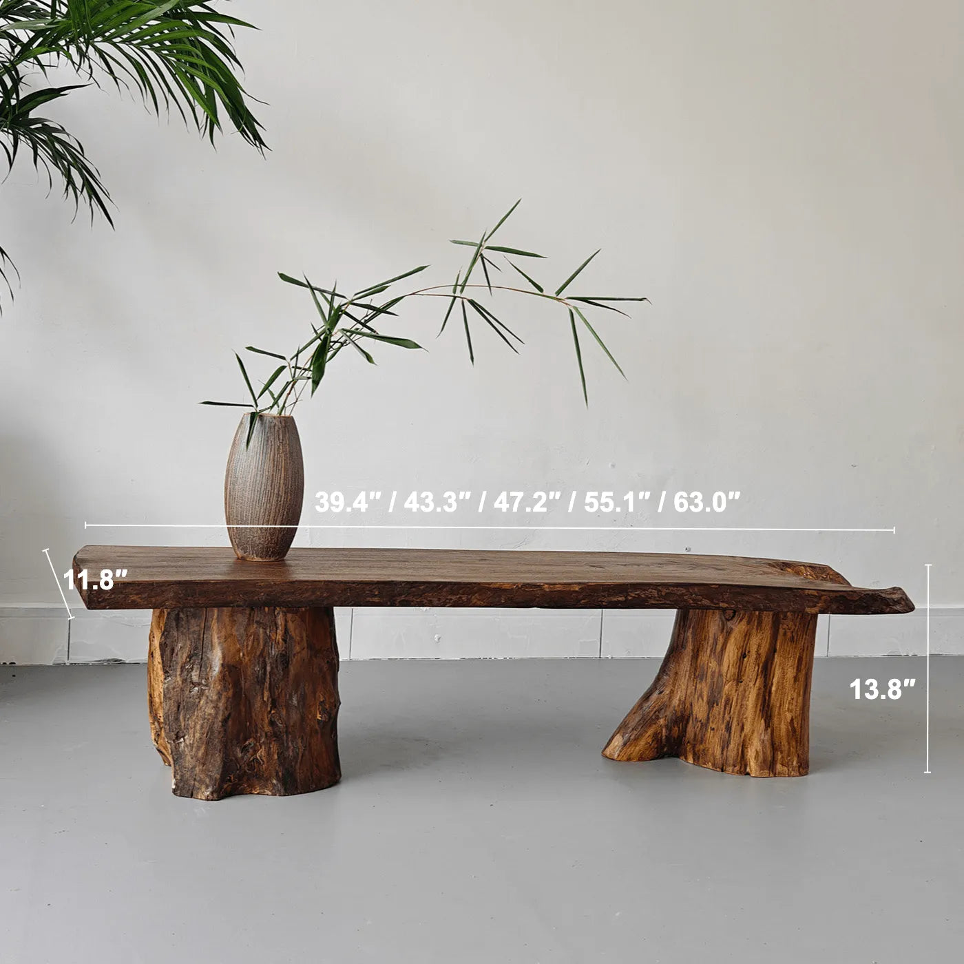 Wabi-Sabi Solid Wood Entry Bench with Organic Silhouette and Raw Stump Bases Dimensions