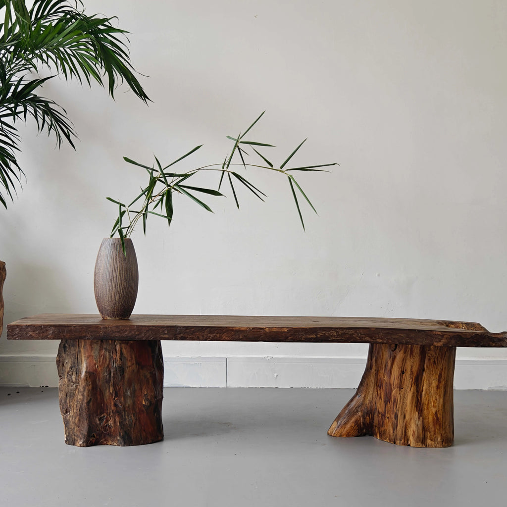 Wabi-Sabi Solid Wood Entry Bench with Organic Silhouette and Raw Stump Bases Main Product Image