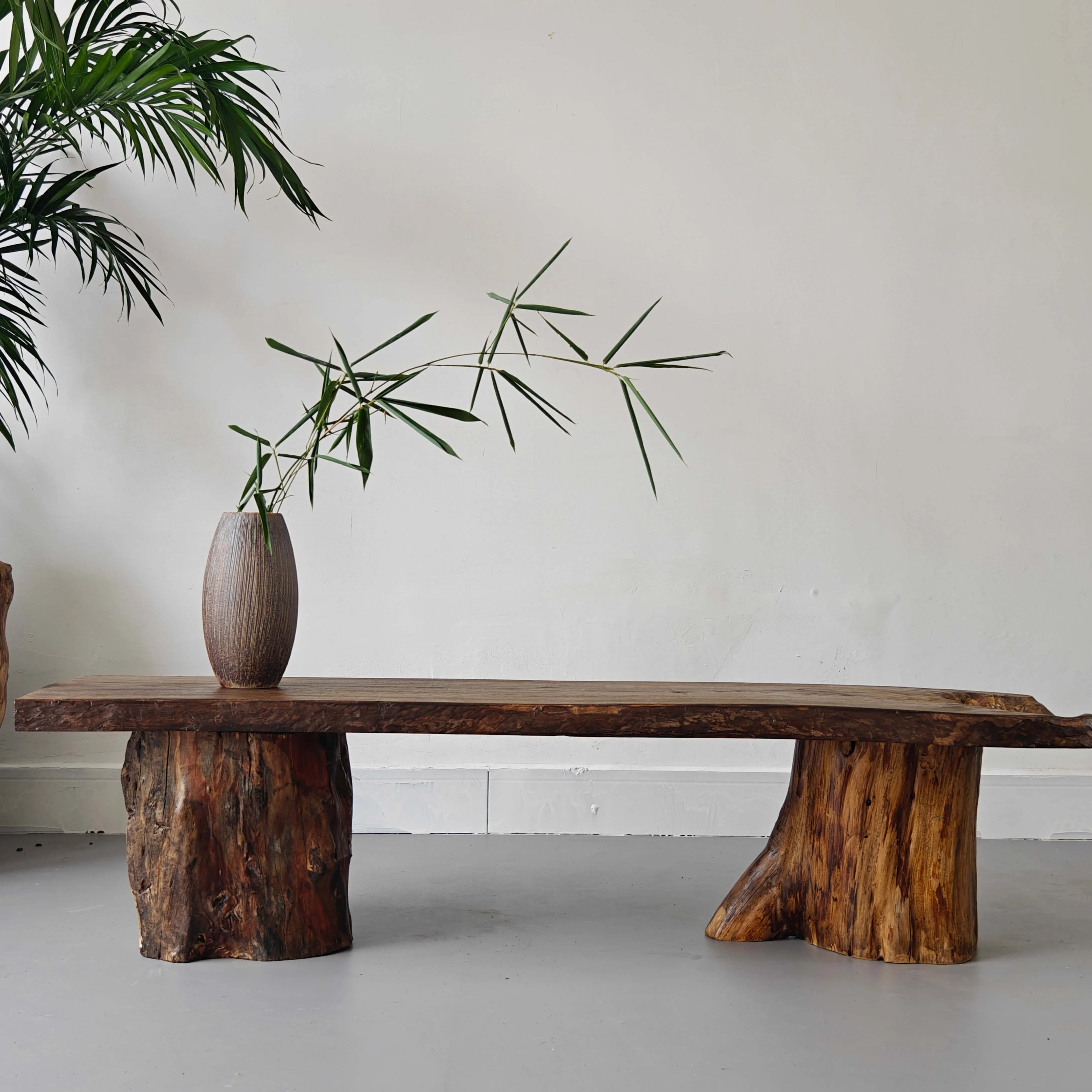 Wabi-Sabi Solid Wood Entry Bench with Organic Silhouette and Raw Stump Bases Main Product Image