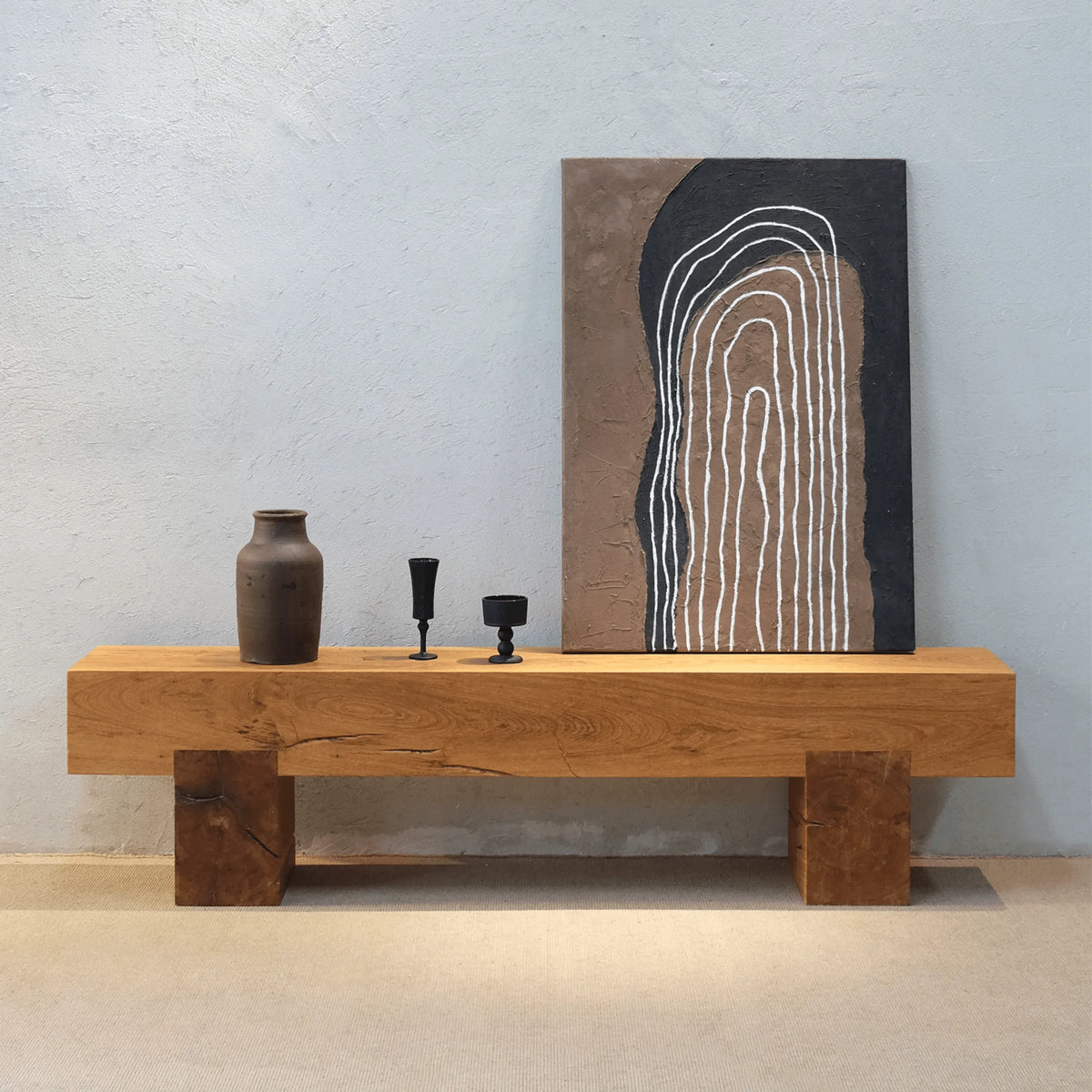 Wabi-Sabi Solid Wood Entryway Bench with Block Base and Hand-Finished Grain