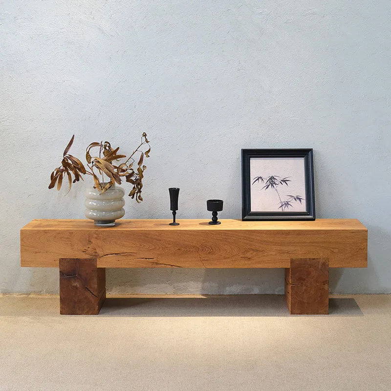 Wabi-Sabi Solid Wood Entryway Bench with Block Base and Hand-Finished Grain