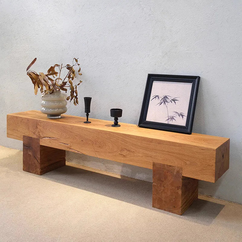 Wabi-Sabi Solid Wood Entryway Bench with Block Base and Hand-Finished Grain