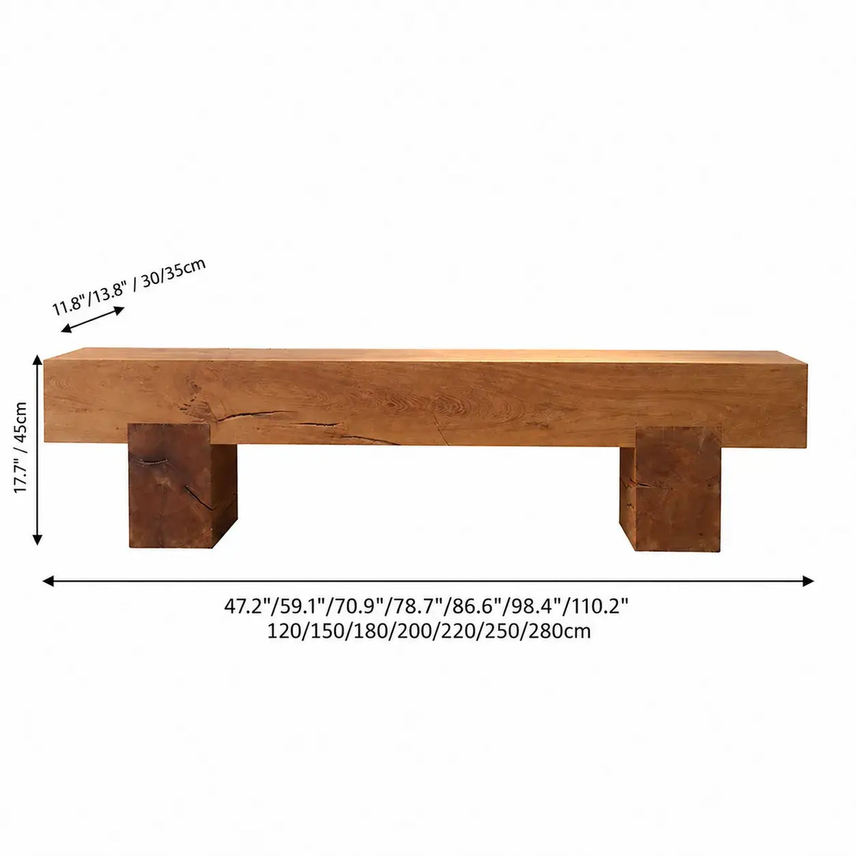 Wabi-Sabi Solid Wood Entryway Bench with Block Base and Hand-Finished Grain Dimensions