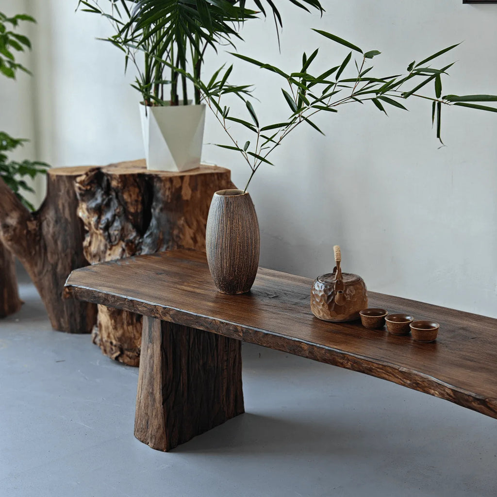 Wabi-Sabi Solid Wood Entryway Bench with Live Edge and Natural Imperfections