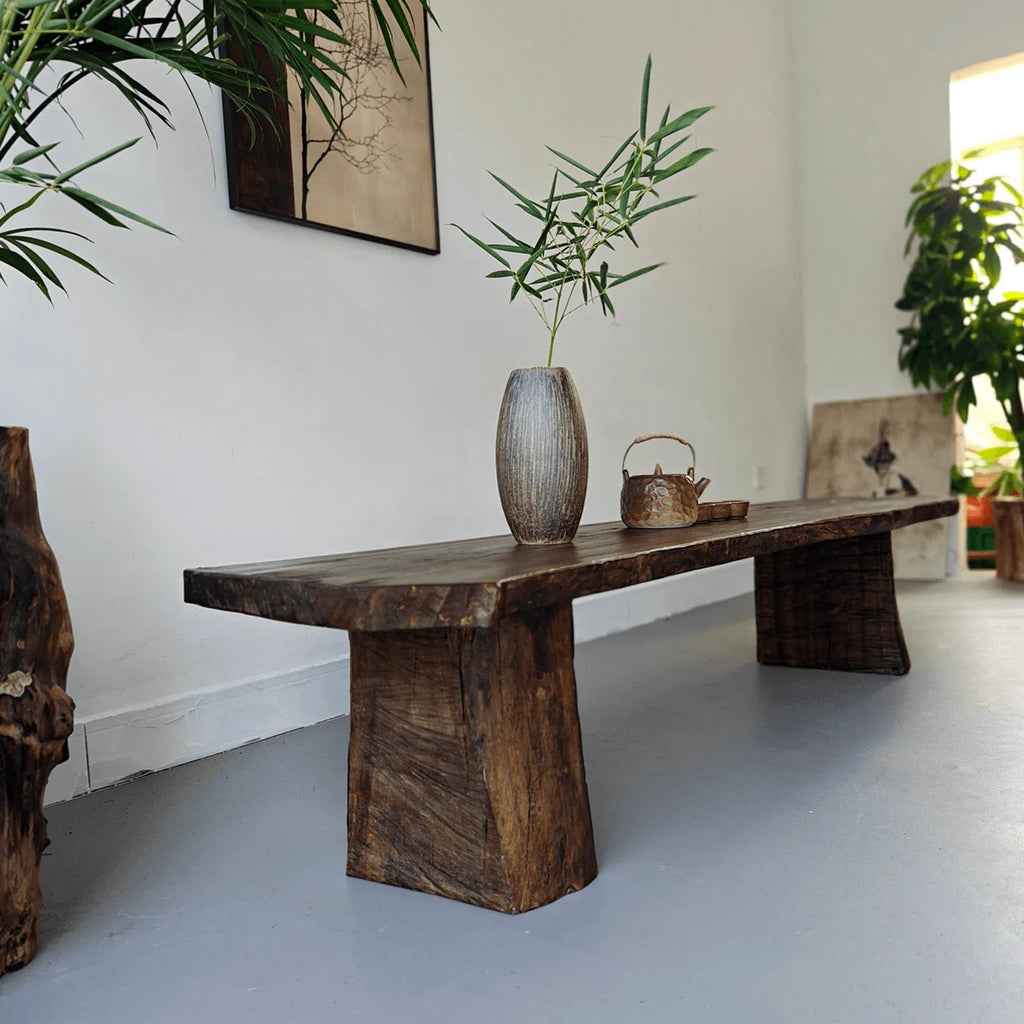 Wabi-Sabi Solid Wood Entryway Bench with Live Edge and Natural Imperfections