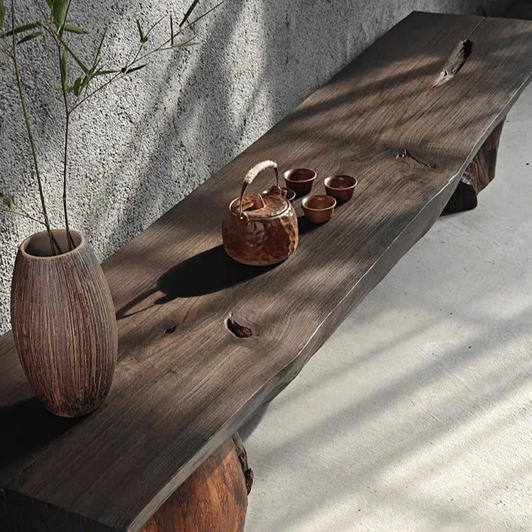 Wabi-Sabi Solid Wood Entryway Bench with Natural Bark Edges