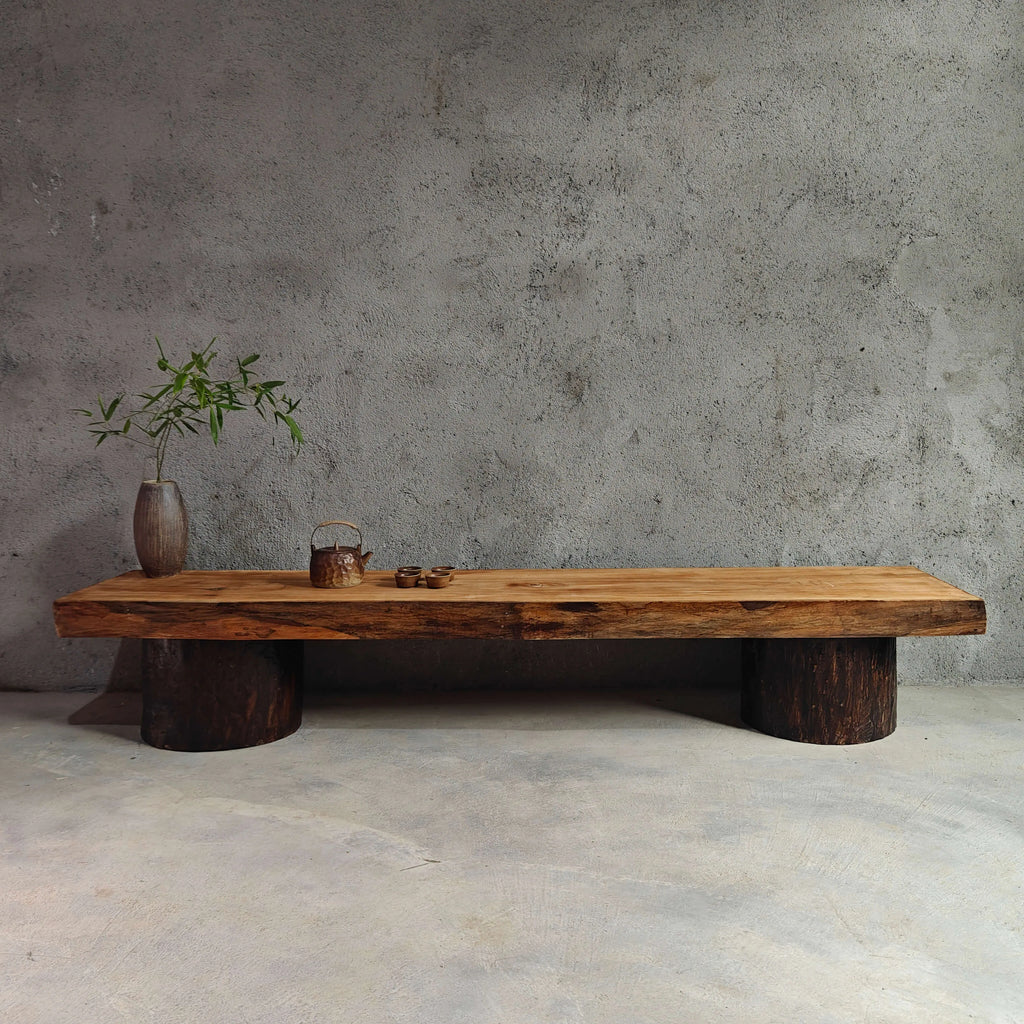 Wabi-Sabi Solid Wood Entryway Bench with Natural Bark Edges