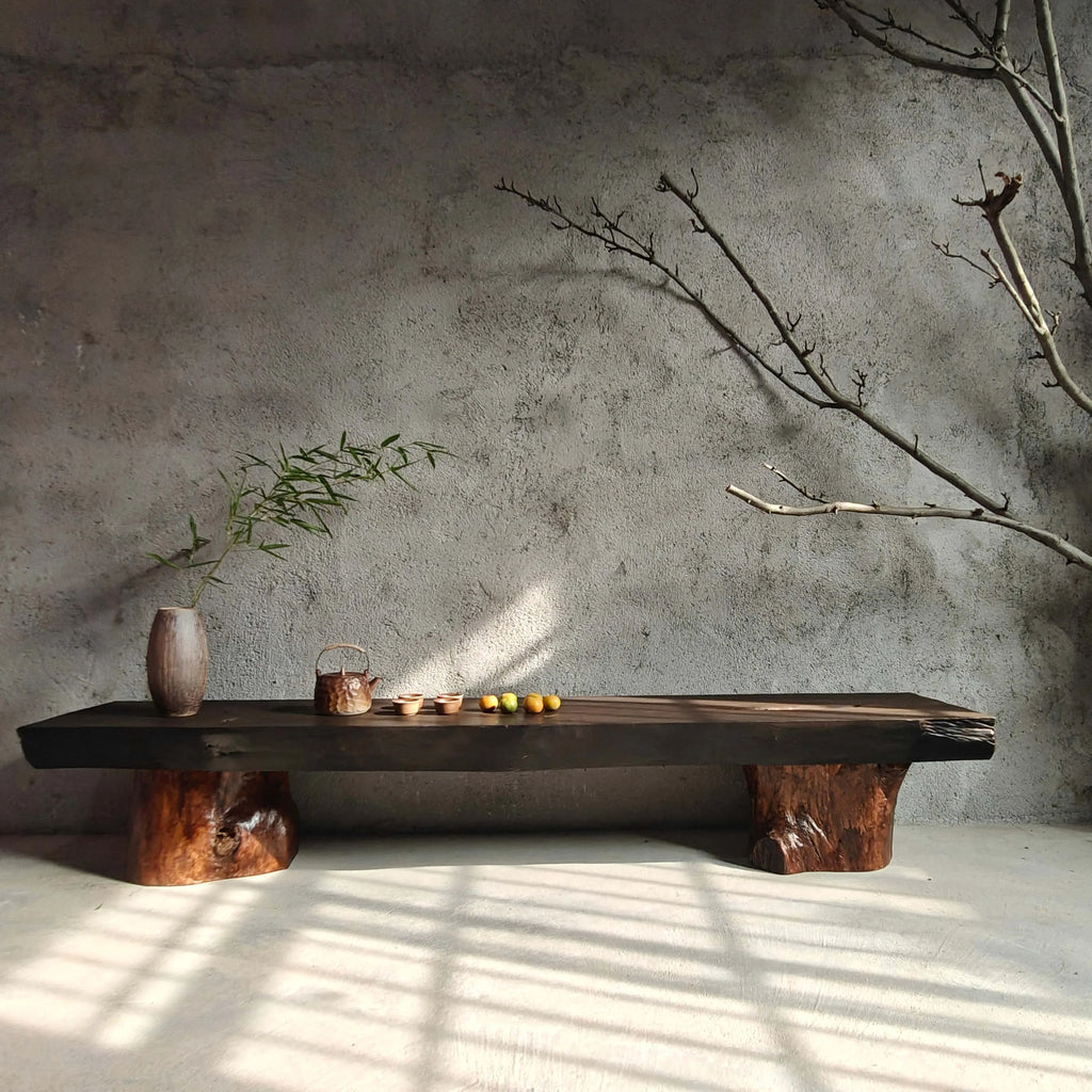 Wabi-Sabi Solid Wood Entryway Bench with Natural Bark Edges Main Product Image
