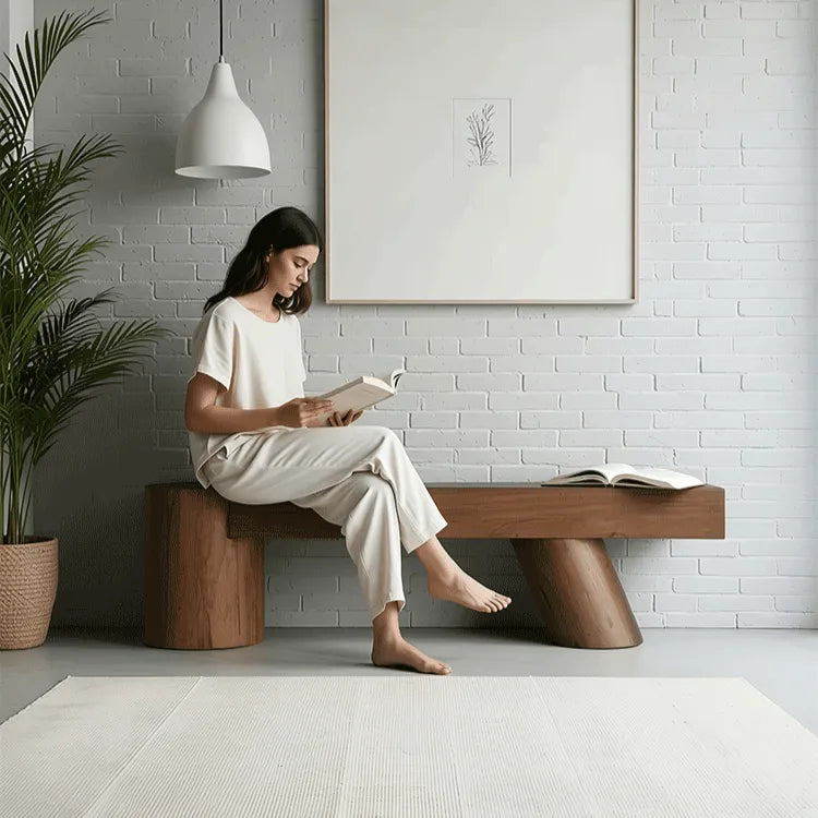 Wabi-Sabi Solid Wood Entryway Bench with Rounded Legs and Tapered Support