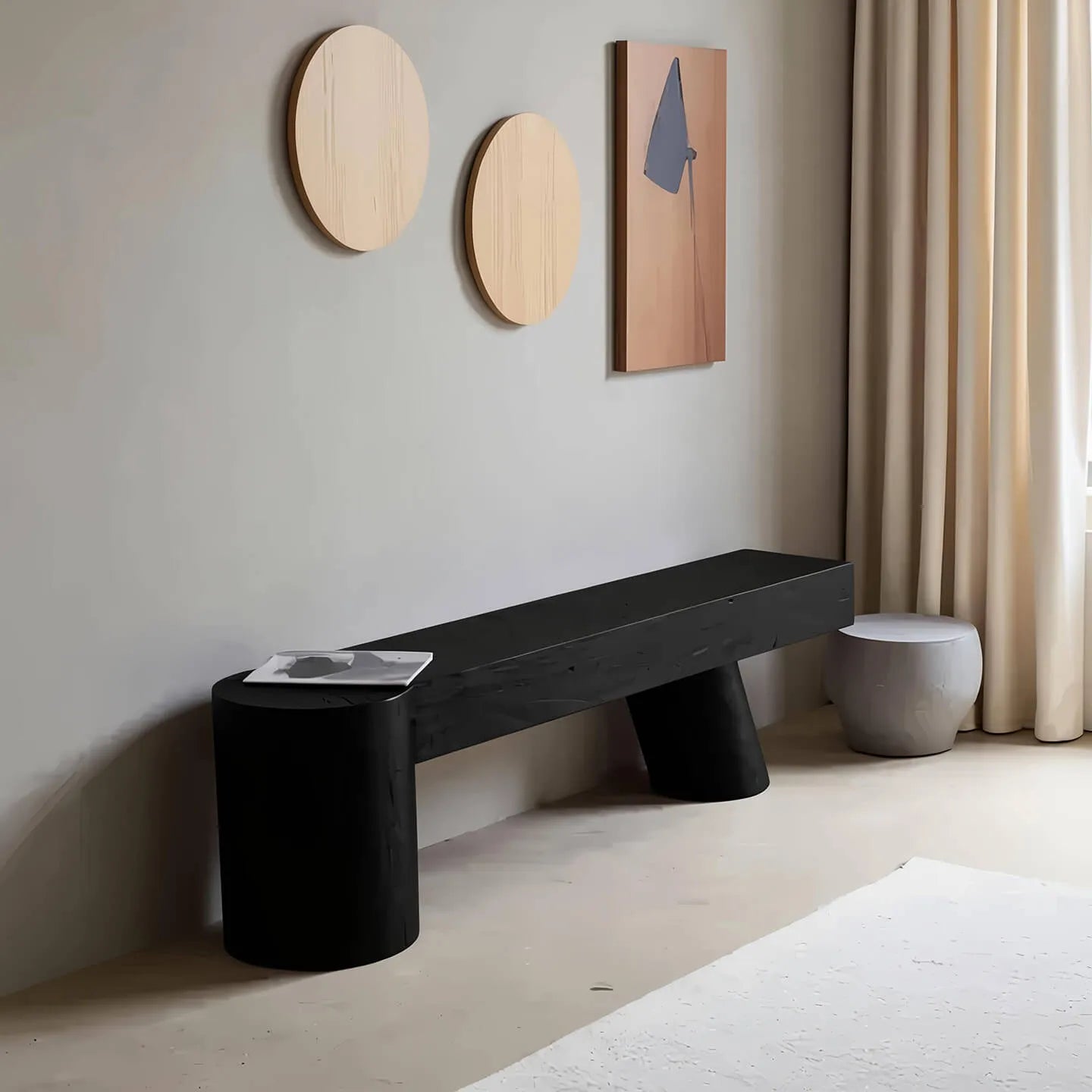 Wabi-Sabi Solid Wood Entryway Bench with Rounded Legs and Tapered Support