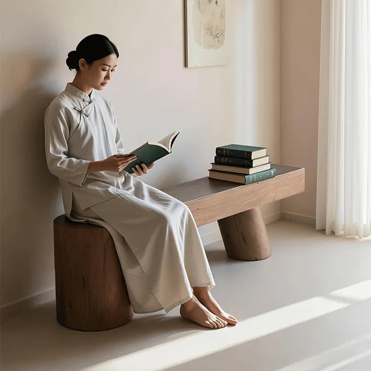 Wabi-Sabi Solid Wood Entryway Bench with Rounded Legs and Tapered Support