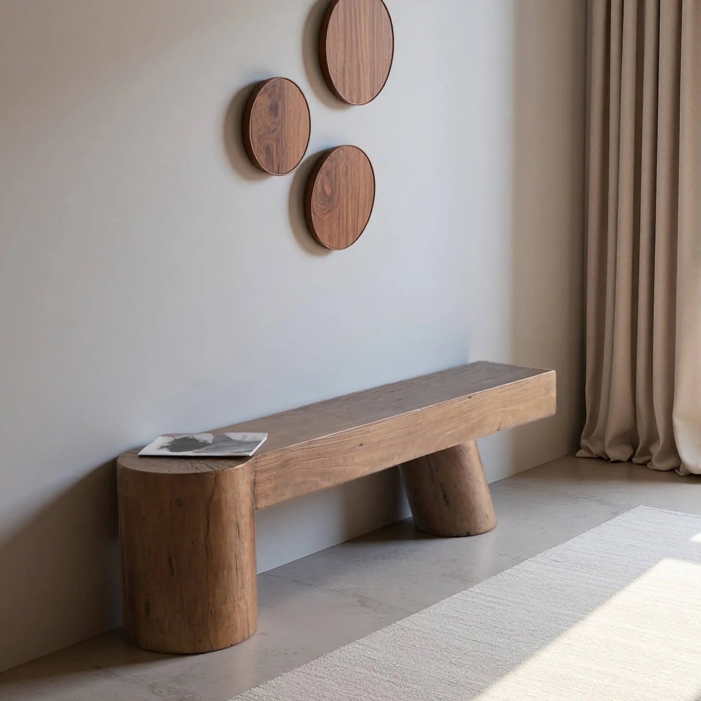 Wabi-Sabi Solid Wood Entryway Bench with Rounded Legs and Tapered Support Main Product Image Imagen principal del producto