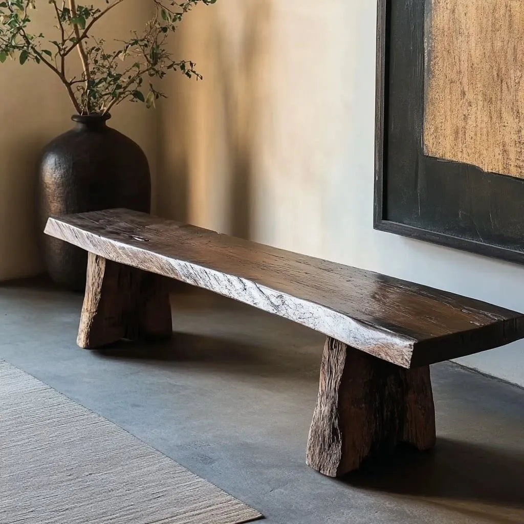 Wabi-Sabi Solid Wood Live-Edge Indoor Bench with Sculptural Stump Legs