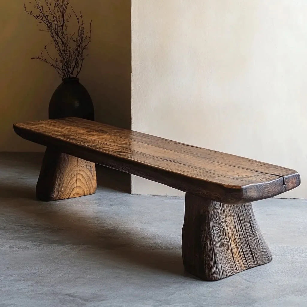 Wabi-Sabi Solid Wood Live-Edge Indoor Bench with Sculptural Stump Legs