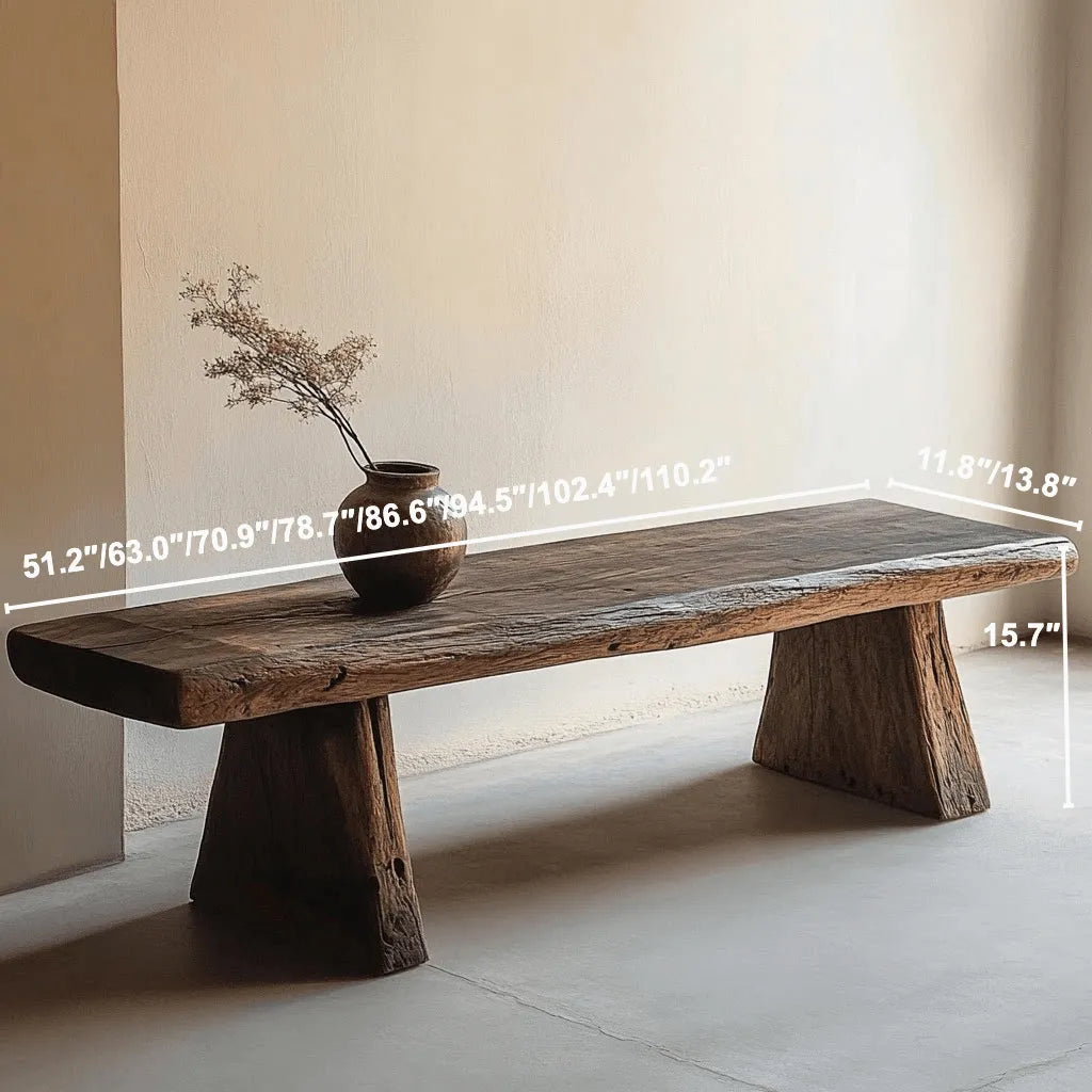 Wabi-Sabi Solid Wood Live-Edge Indoor Bench with Sculptural Stump Legs Dimensions