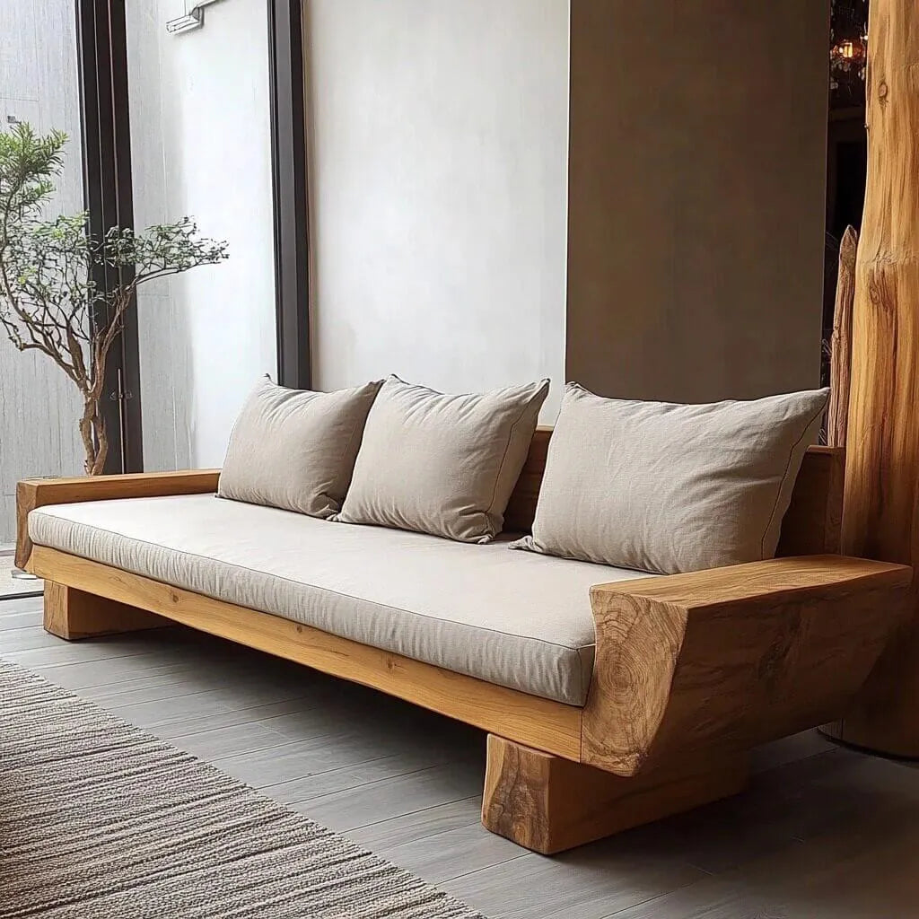 Wabi-Sabi Teak Outdoor Sofa with Low Lounge Profile and Deep Cushions