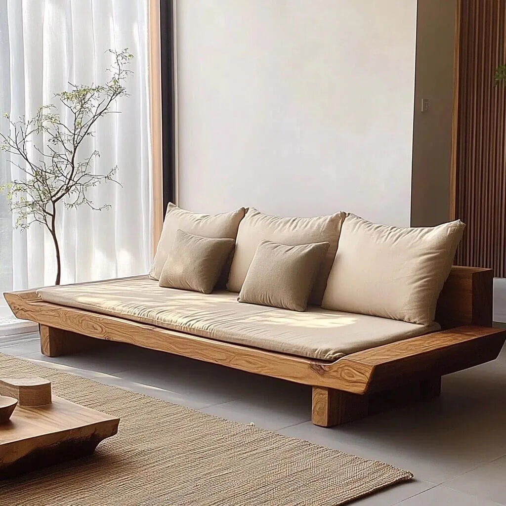 Wabi-Sabi Teak Outdoor Sofa with Low Lounge Profile and Deep Cushions