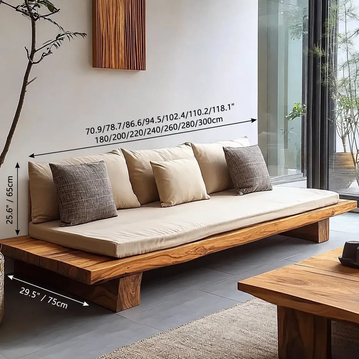 Wabi-Sabi Teak Outdoor Sofa with Low Lounge Profile and Deep Cushions Dimensions
