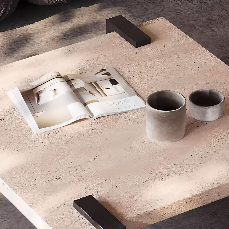 Wabi-Sabi Travertine Coffee Table with Geometric Black Legs