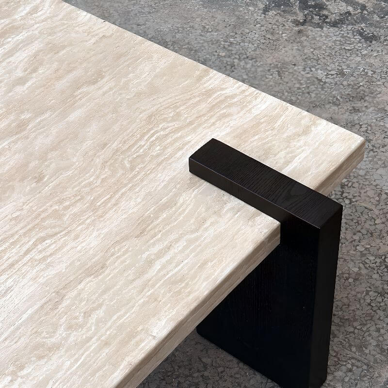 Wabi-Sabi Travertine Coffee Table with Geometric Black Legs