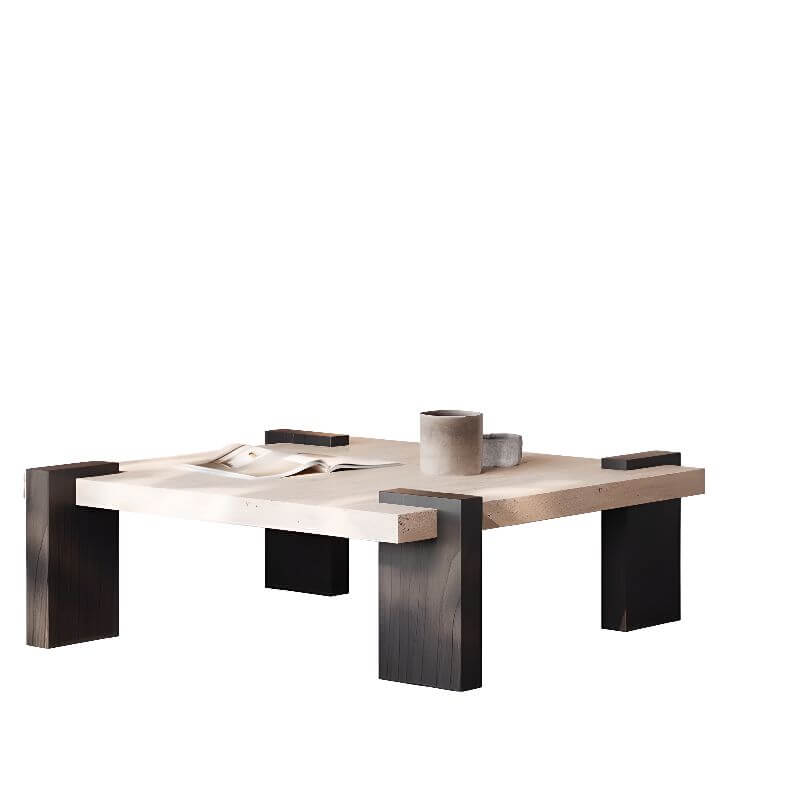 Wabi-Sabi Travertine Coffee Table with Geometric Black Legs