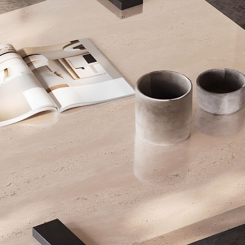 Wabi-Sabi Travertine Coffee Table with Geometric Black Legs