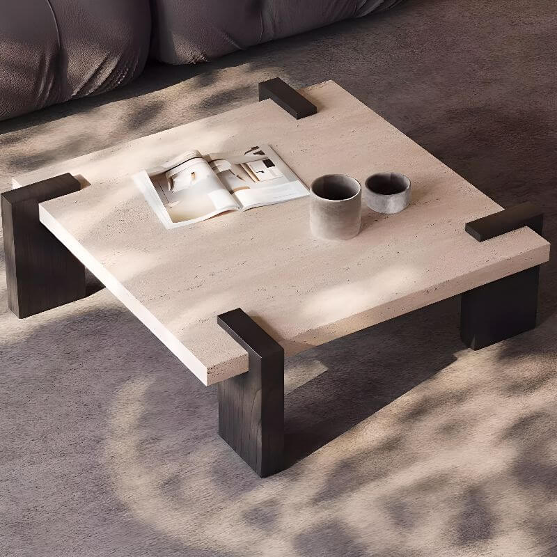 Wabi-Sabi Travertine Coffee Table with Geometric Black Legs