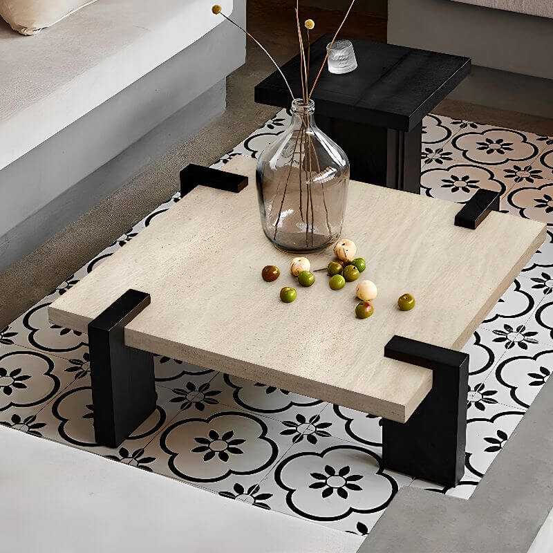 Wabi-Sabi Travertine Coffee Table with Geometric Black Legs