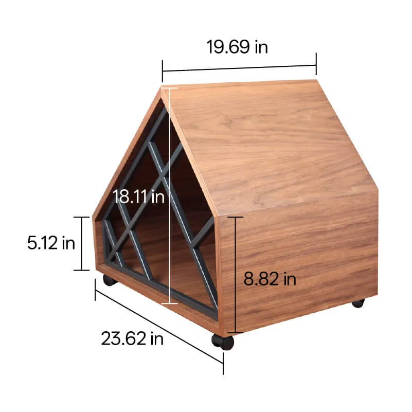 Walnut A-Frame Cat House Side Table With Magazine Rack And Wheels