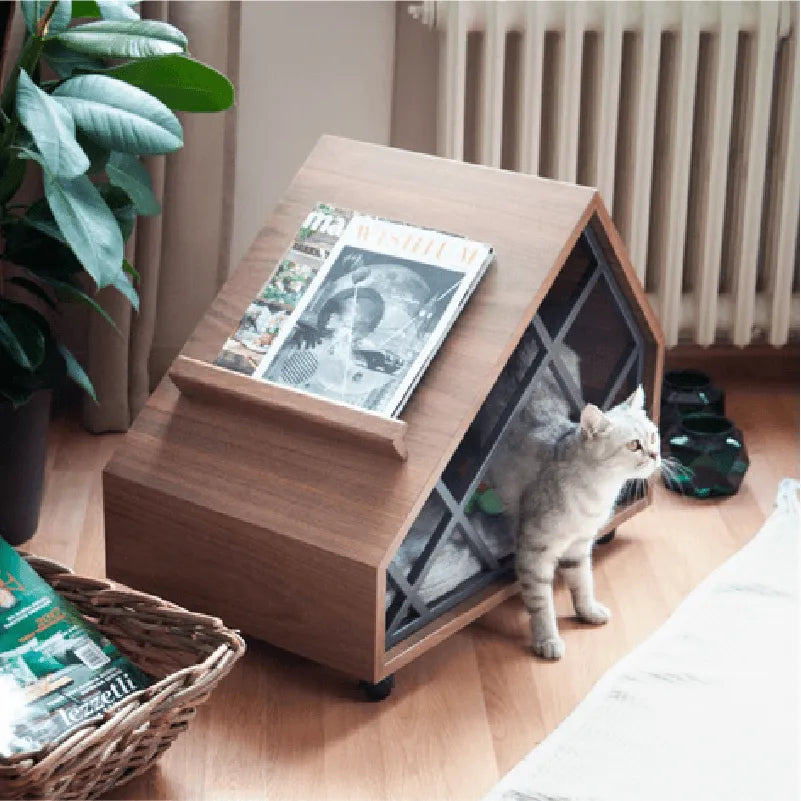 Walnut A-Frame Cat House Side Table With Magazine Rack And Wheels サブ画像