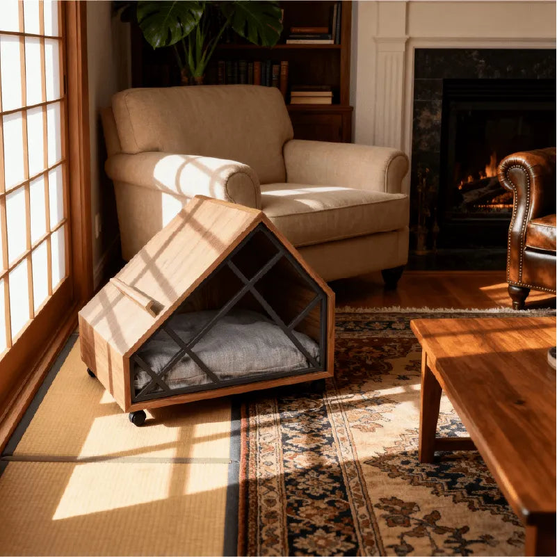 Walnut A-Frame Cat House Side Table With Magazine Rack And Wheels