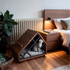 Walnut A-Frame Cat House Side Table With Magazine Rack And Wheels