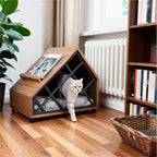Walnut A-Frame Cat House Side Table With Magazine Rack And Wheels