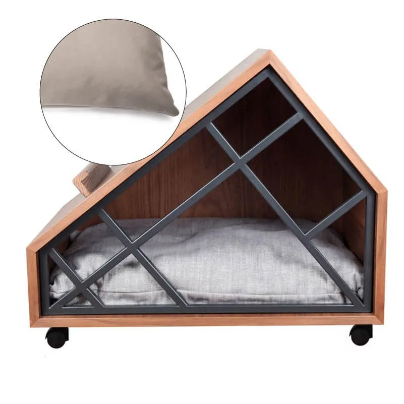Walnut A-Frame Cat House Side Table With Magazine Rack And Wheels
