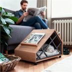 Walnut A-Frame Cat House Side Table With Magazine Rack And Wheels Main Product Image