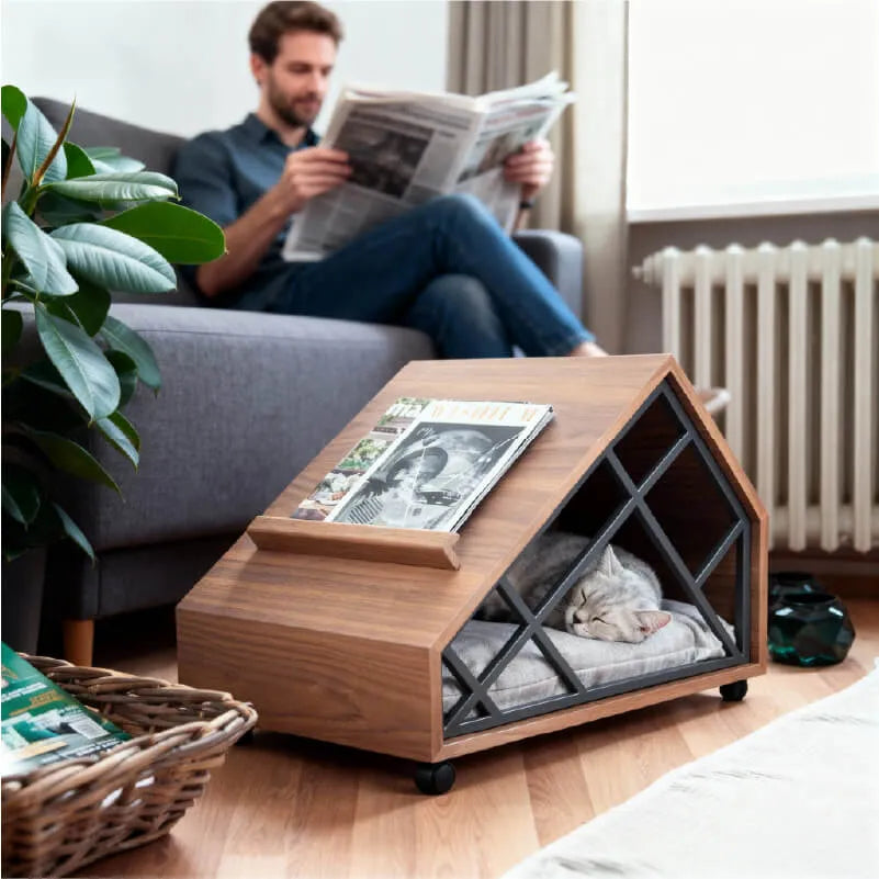 Walnut A-Frame Cat House Side Table With Magazine Rack And Wheels Main Product Image