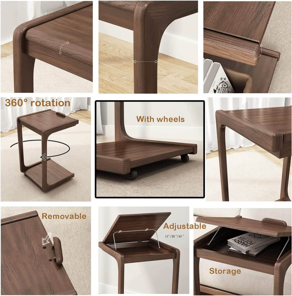 Walnut Adjustable Nightstand with Locking Wheels