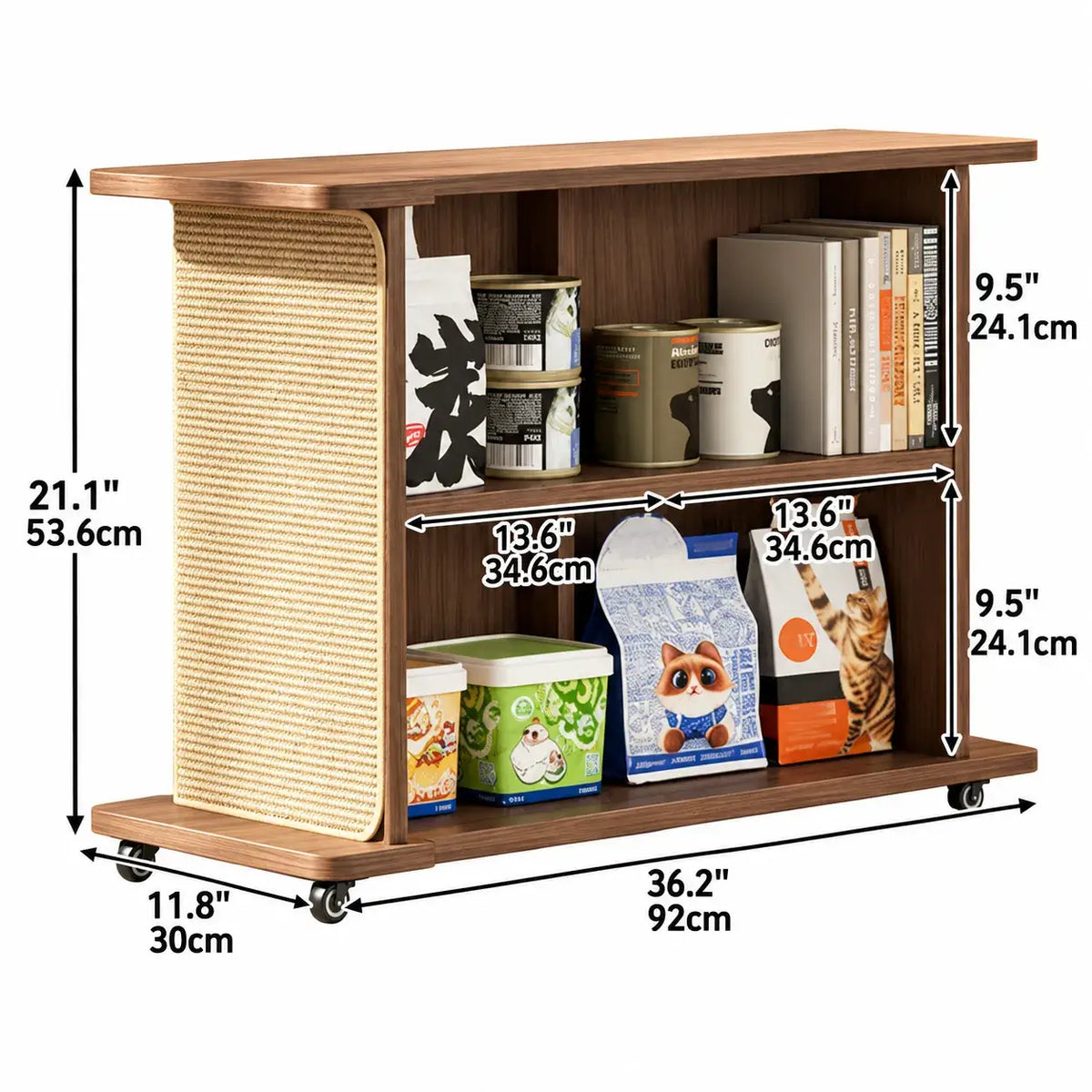 Walnut and Oak Cat Scratcher Side Table with Storage and Wheels