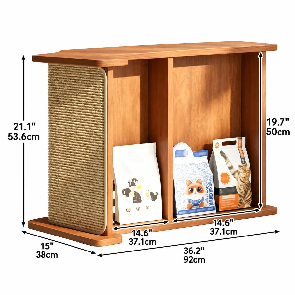 Walnut and Oak Cat Scratcher Side Table with Storage and Wheels