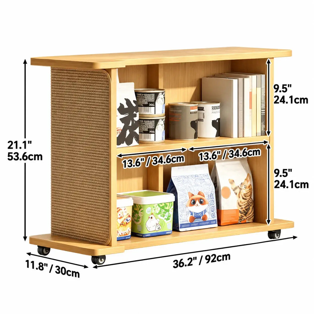 Walnut and Oak Cat Scratcher Side Table with Storage and Wheels