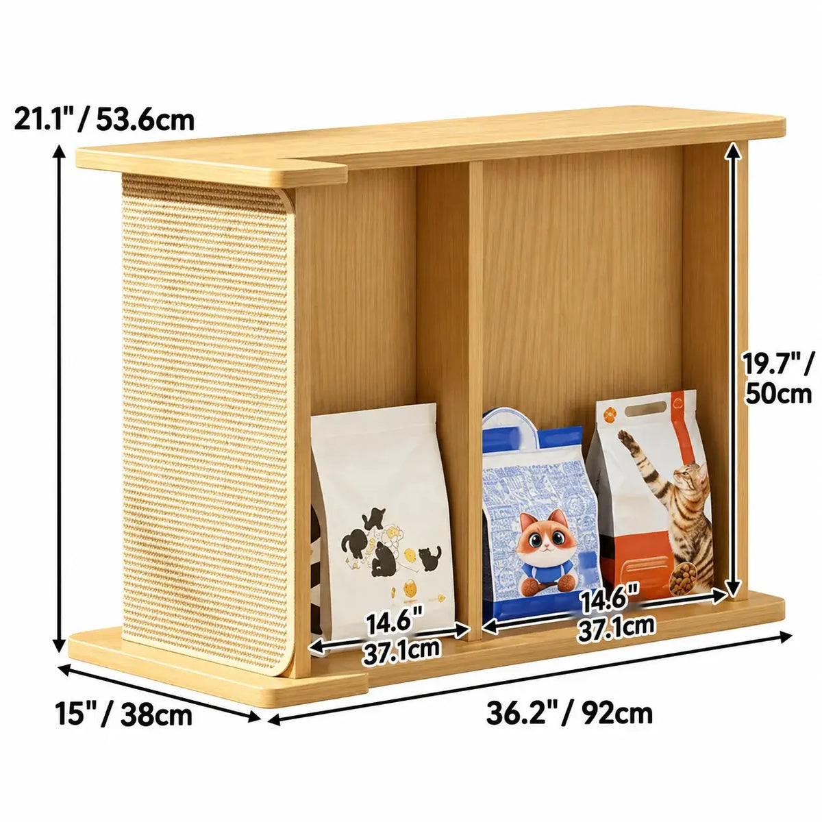 Walnut and Oak Cat Scratcher Side Table with Storage and Wheels Dimensions