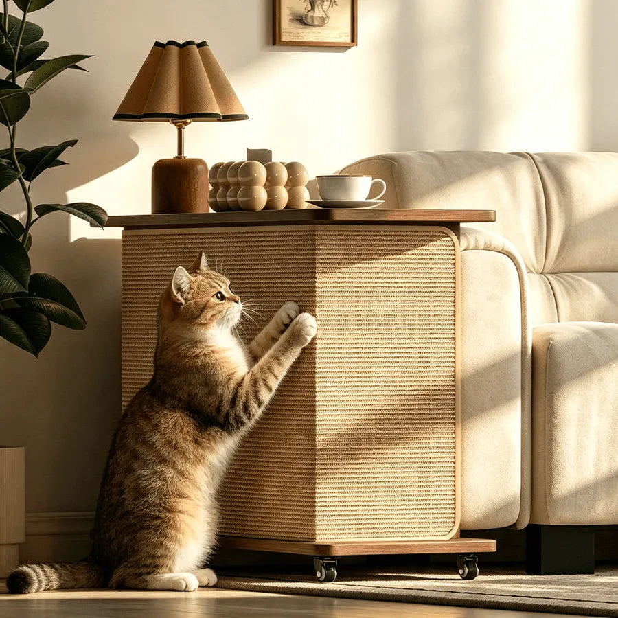 Walnut and Oak Cat Scratcher Side Table with Storage and Wheels Main Product Image Main image