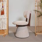Walnut Ash Wood Vanity Stool With Swivel Base and Curved Linen Seat