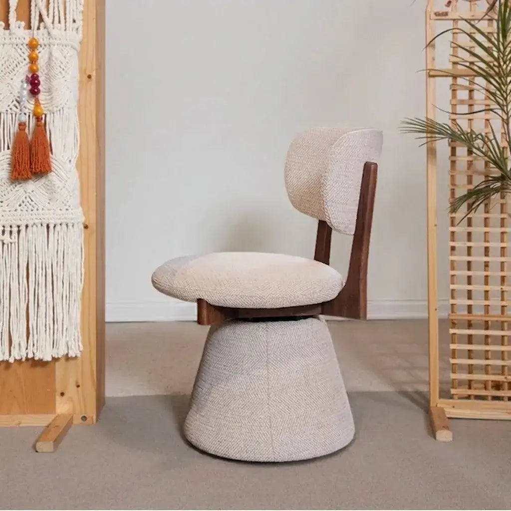 Walnut Ash Wood Vanity Stool With Swivel Base and Curved Linen Seat