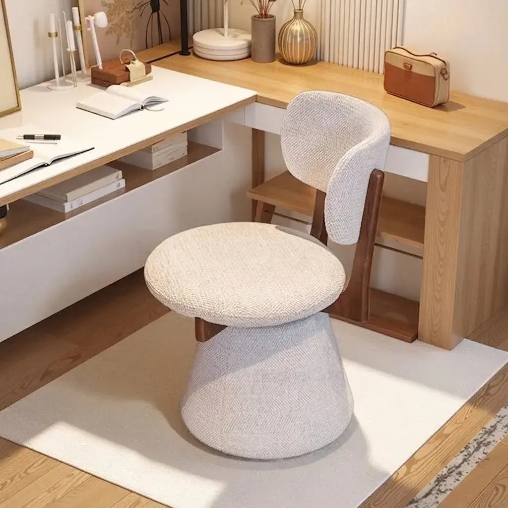 Walnut Ash Wood Vanity Stool With Swivel Base and Curved Linen Seat